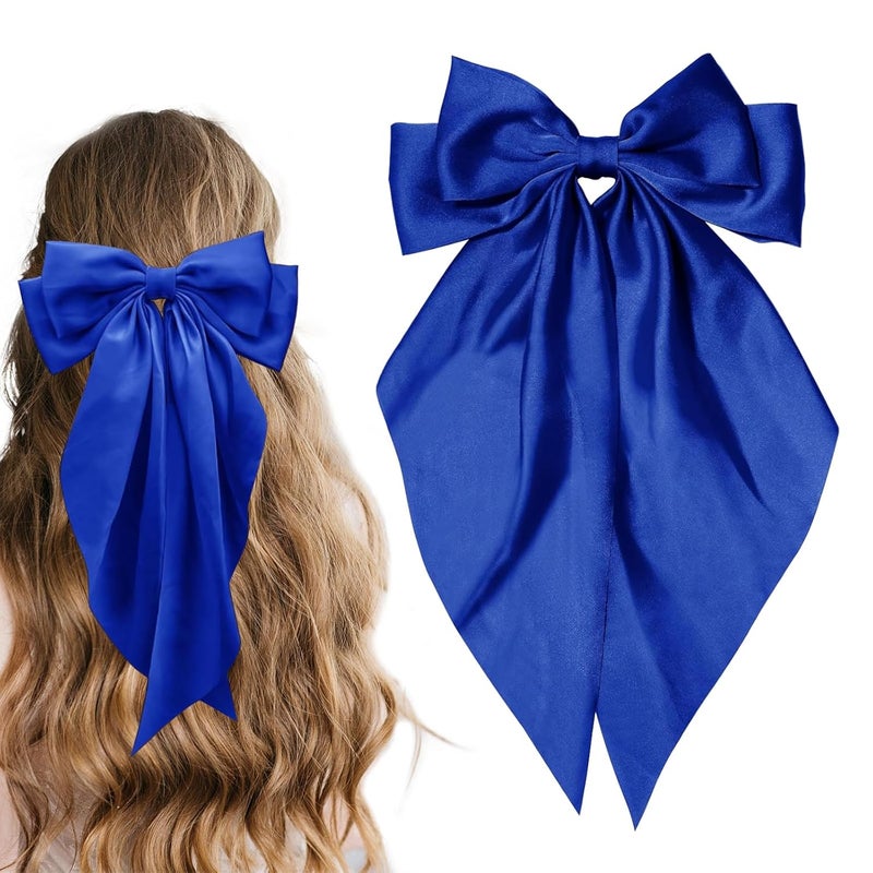 illpta Hair Bow for Girls,Cute Bow Hair Clips for Women Oversized Satin Hair clips Long Ribbon Hair Accessories Gifts for Girl (Royal Blue) - Image 1